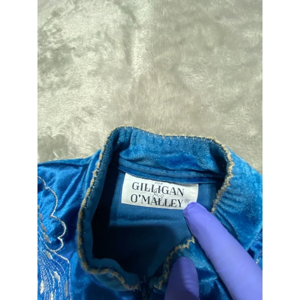Vintage Gilligan O'Malley Maxi Robe Womens L Blue Velvet‎ Embroidered Nightgown
